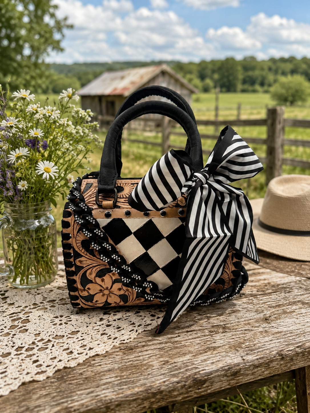 Luxe Tooled Leather Midnight Rhinestone Stud Checkered Speedy Bag