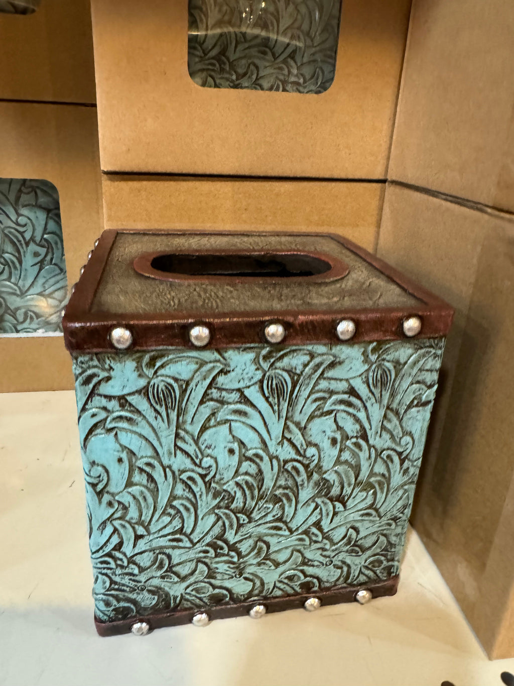 Turquoise Tooled Tissue Box Cover