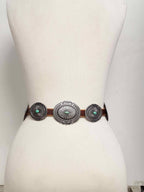 Genuine Distressed Leather Western Concho Belt with Faux Turquoise Stone Buckle