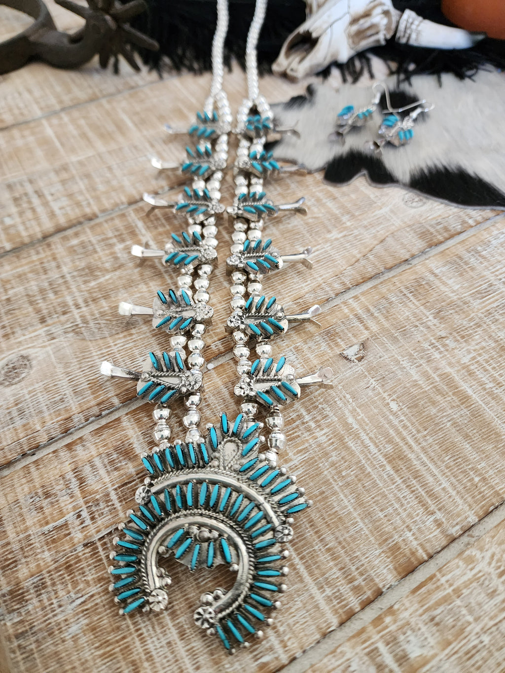 EVA WYACO ZUNI STYLE TURQUOISE SQUASH BLOSSOM SET