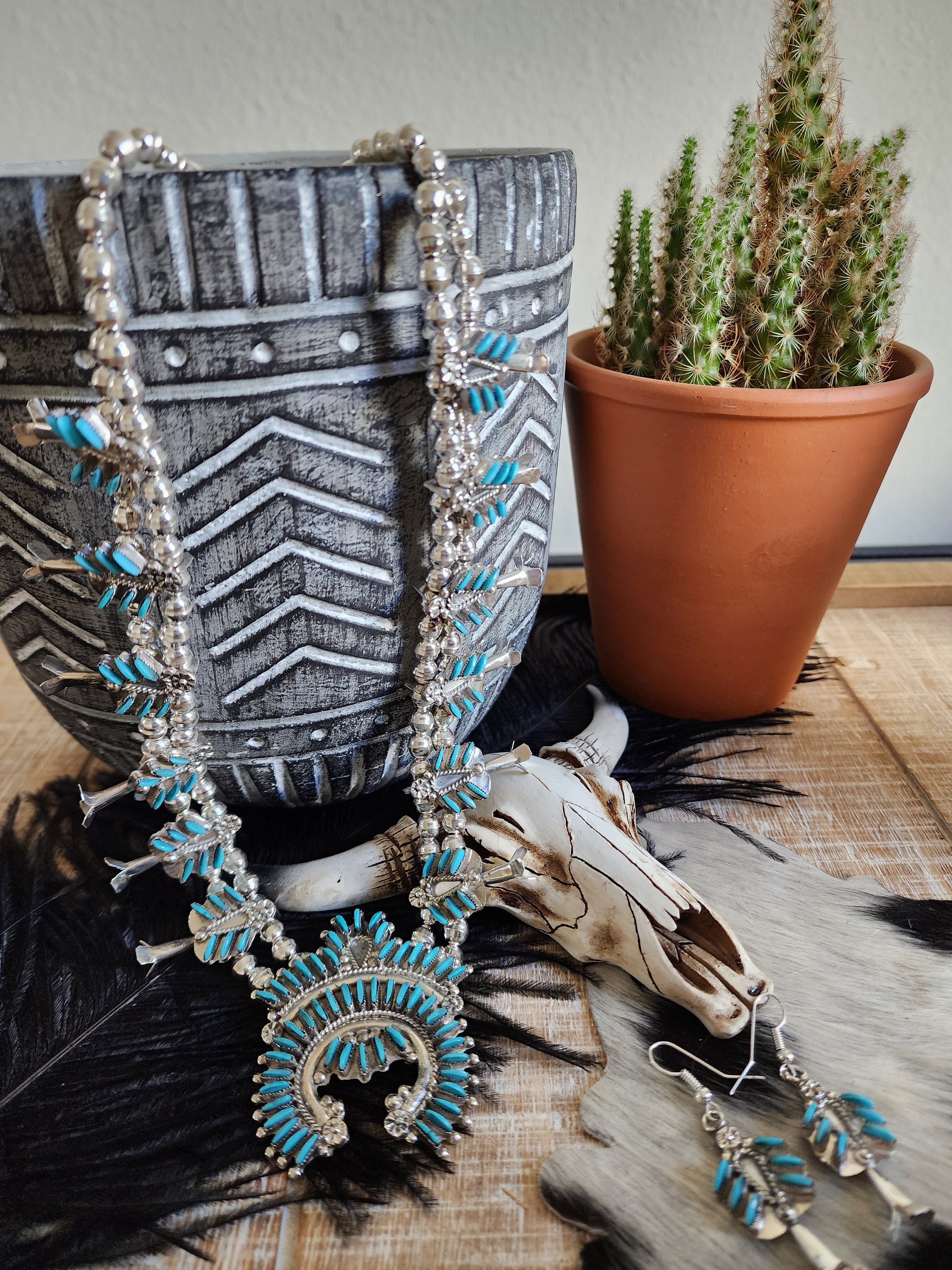 EVA WYACO ZUNI STYLE TURQUOISE SQUASH BLOSSOM SET