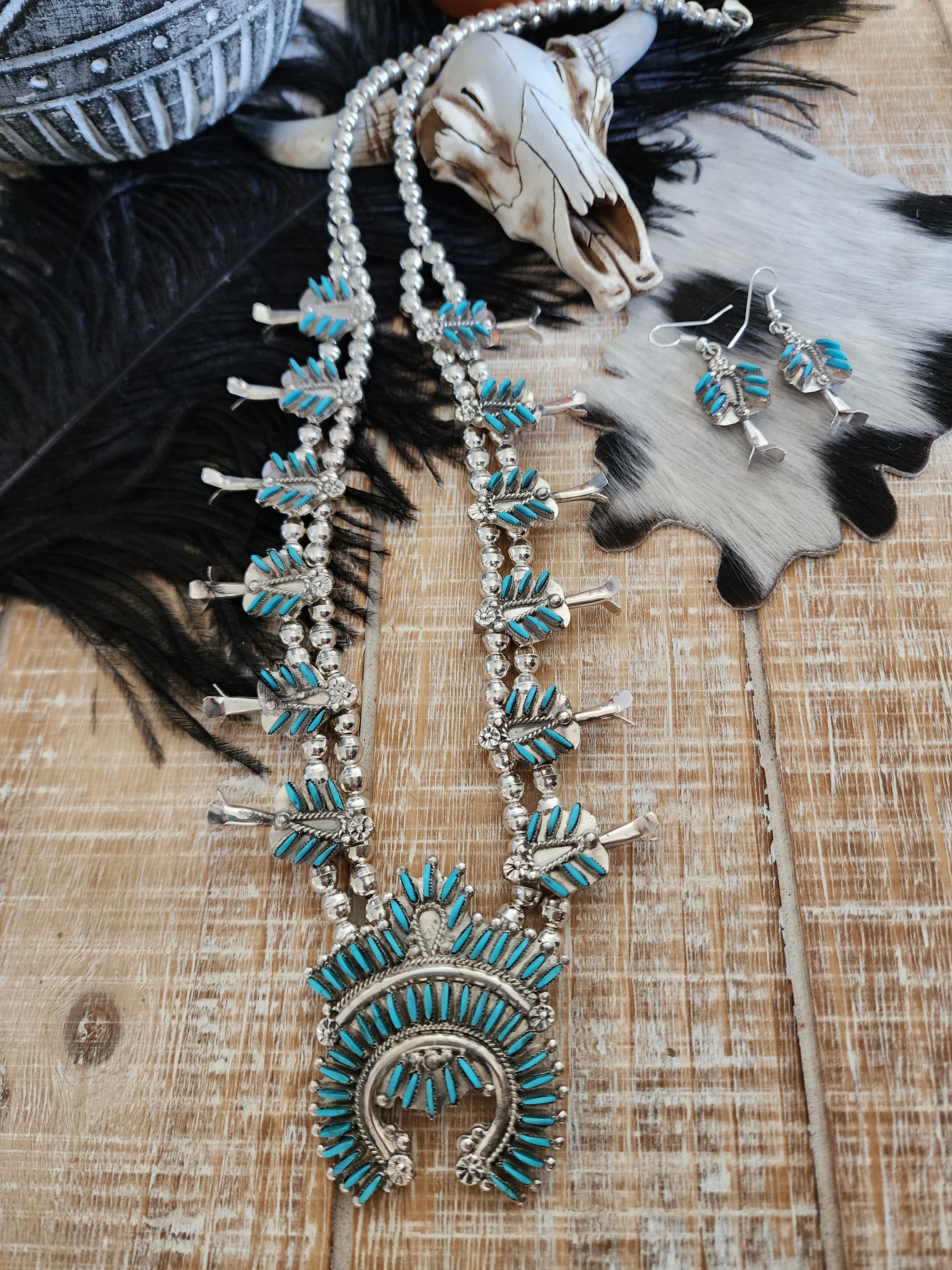 EVA WYACO ZUNI STYLE TURQUOISE SQUASH BLOSSOM SET