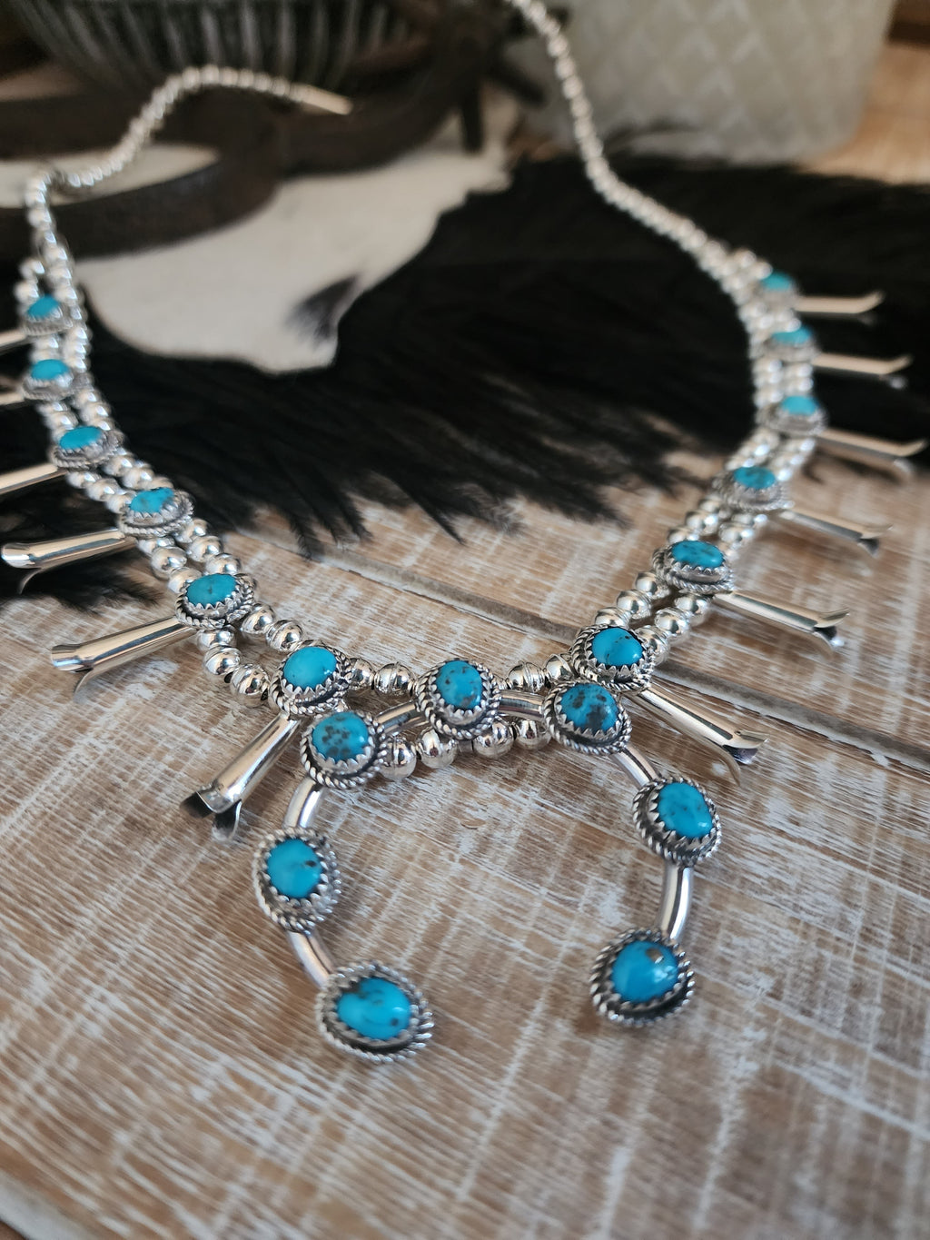 RITA DAWES SLEEPING BEAUTY TURQUOISE SQUASH BLOSSOM NECKLACE SET