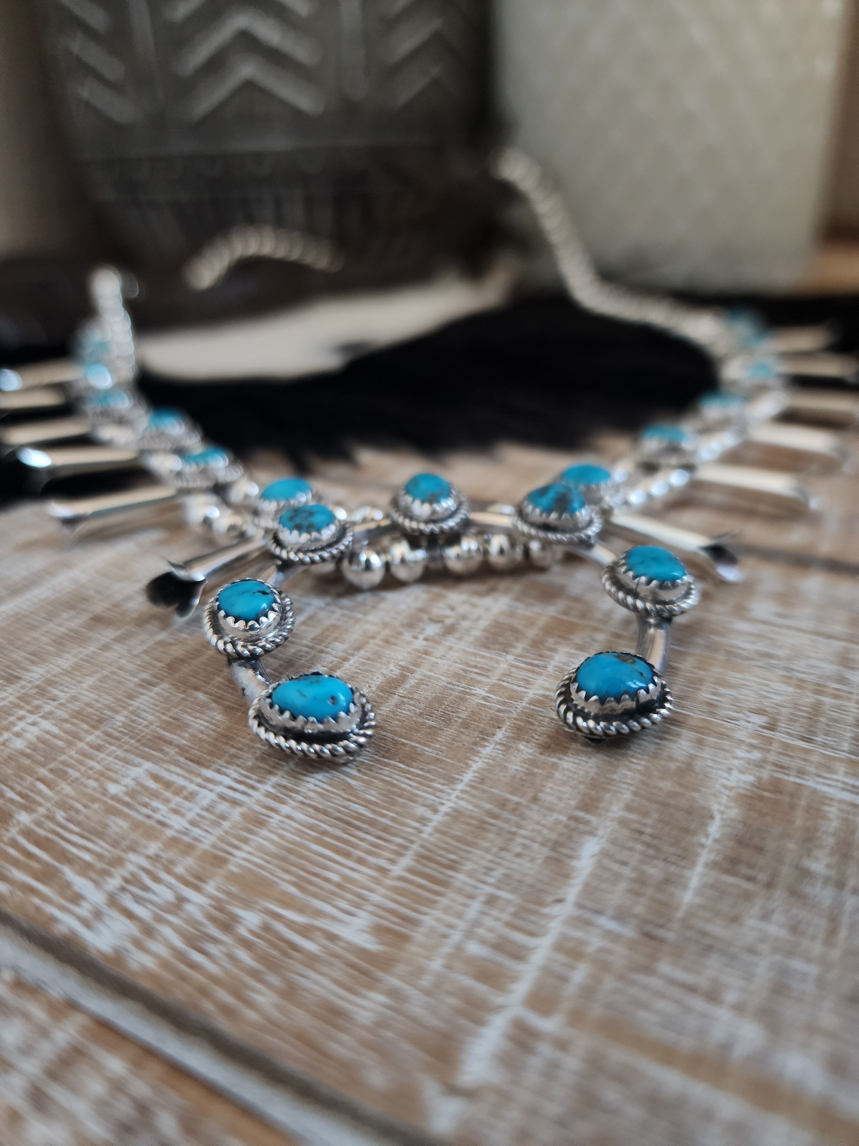 RITA DAWES SLEEPING BEAUTY TURQUOISE SQUASH BLOSSOM NECKLACE SET