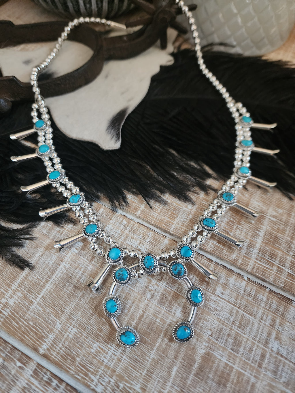 RITA DAWES SLEEPING BEAUTY TURQUOISE SQUASH BLOSSOM NECKLACE SET