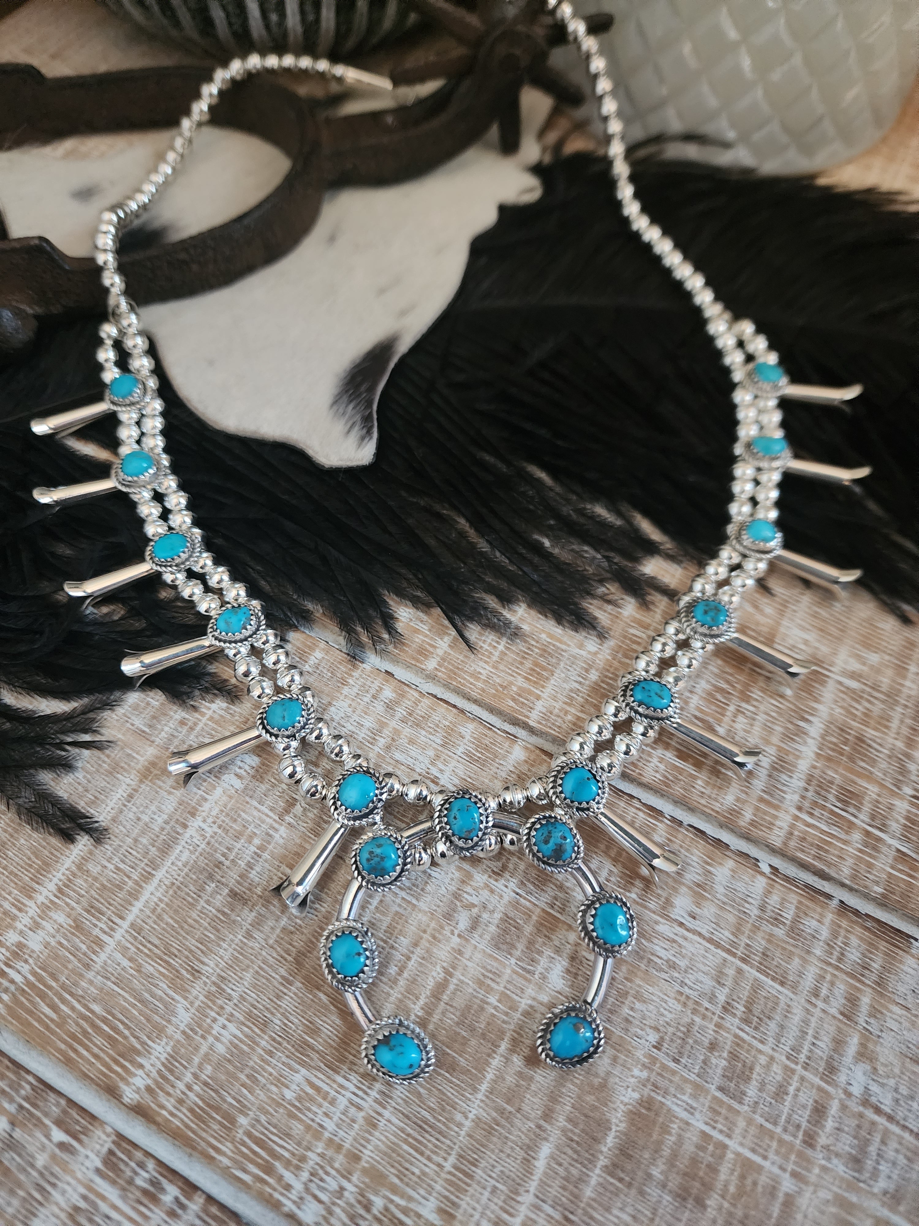 RITA DAWES SLEEPING BEAUTY TURQUOISE SQUASH BLOSSOM NECKLACE SET