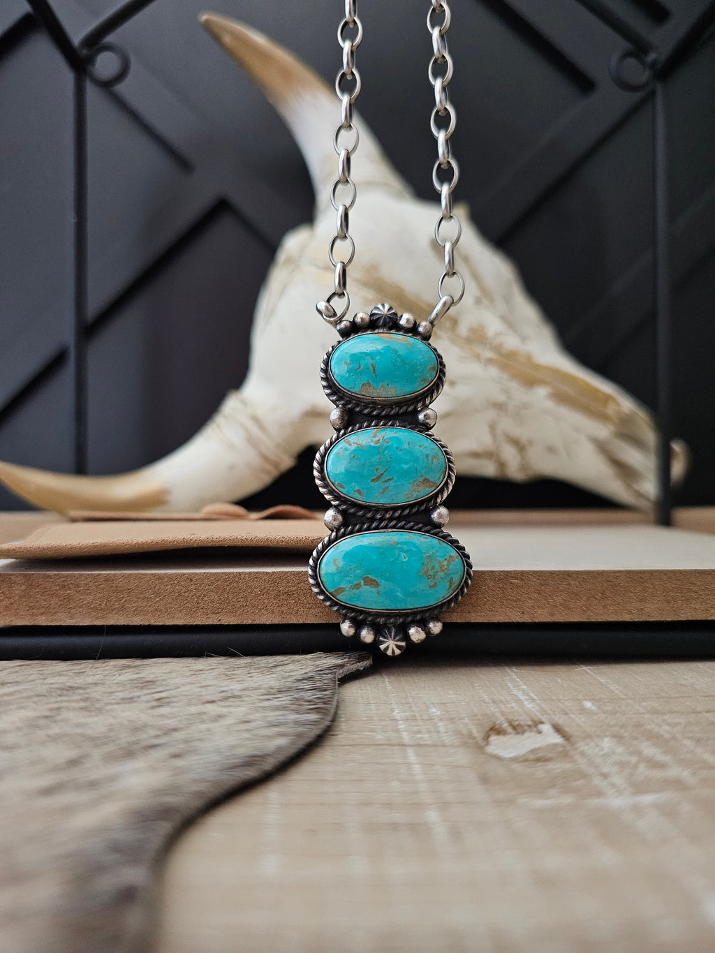 ALFRED MARTINEZ THREE KINGMAN STONE TURQUOISE NECKLACE
