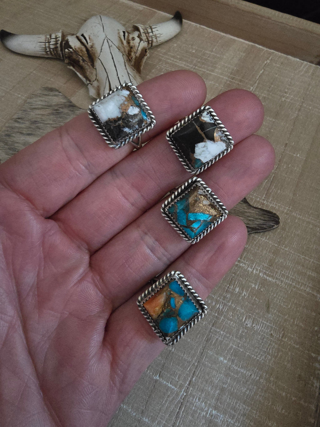TURQUOISE SPINY OYSTER WHITE BUFFALO AND BRONZE SQUARE CUT RING