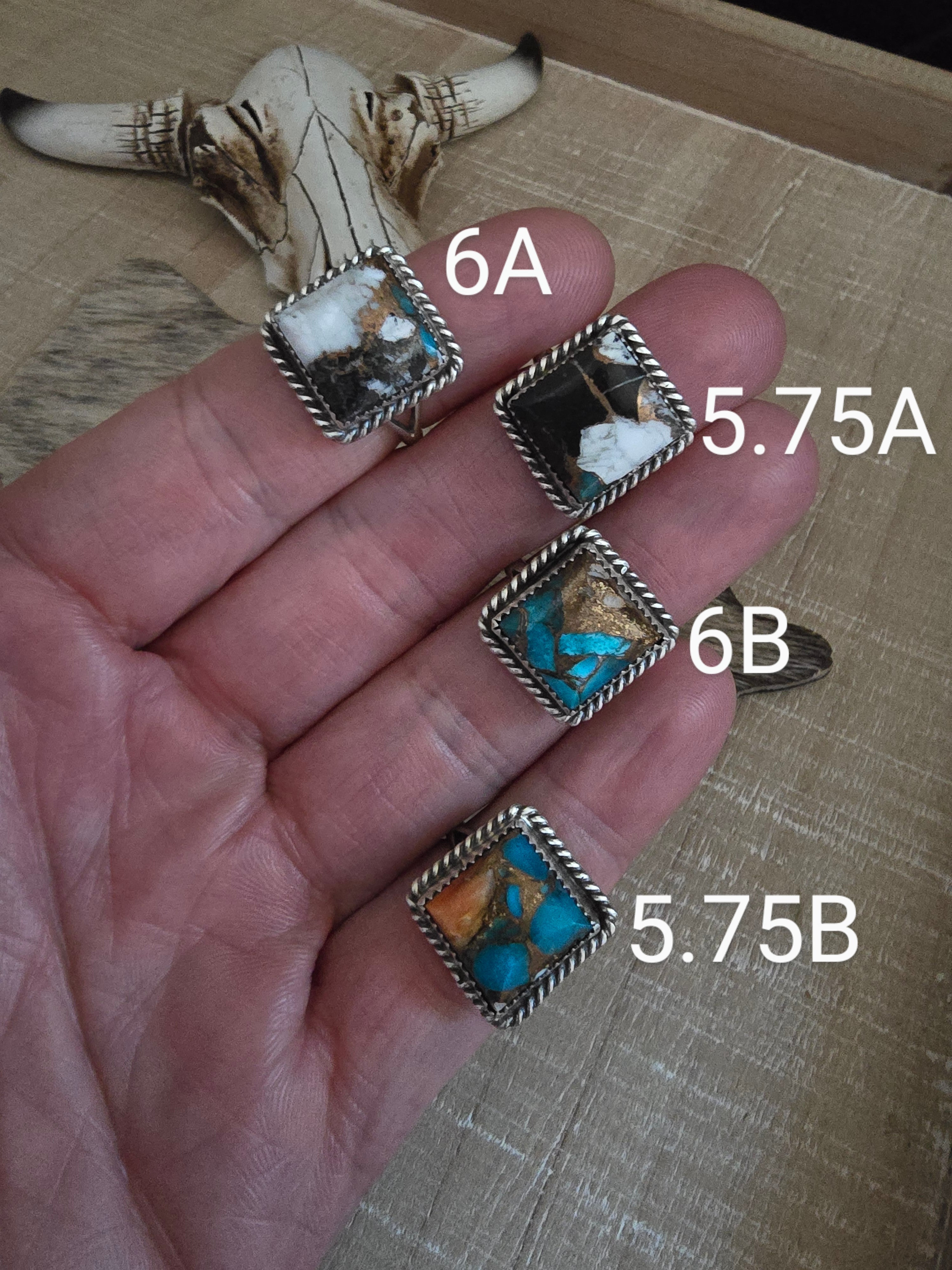 TURQUOISE SPINY OYSTER WHITE BUFFALO AND BRONZE SQUARE CUT RING