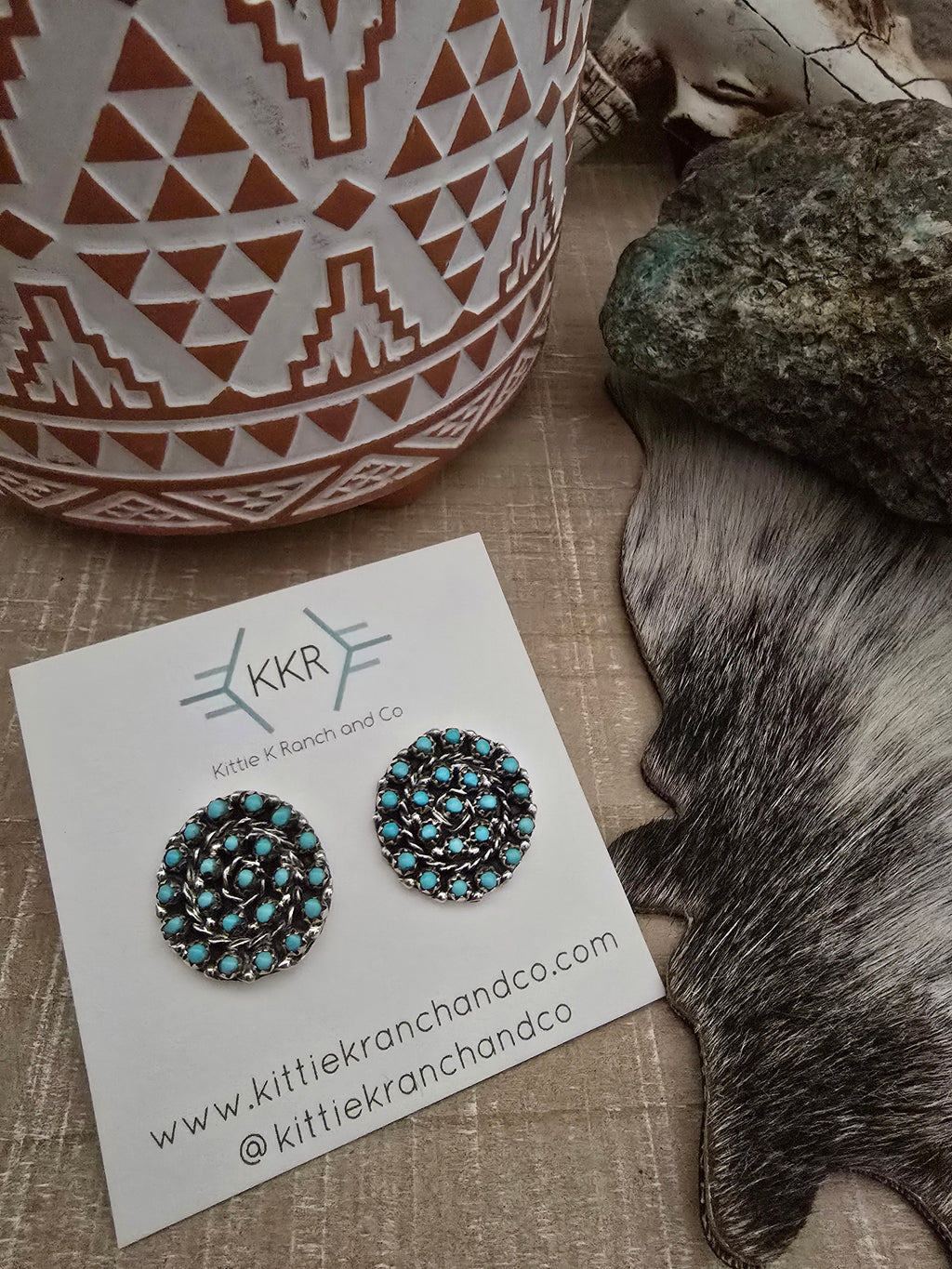 RANDY HOOEE ZUNI TURQUOISE CLUSTER STUDS
