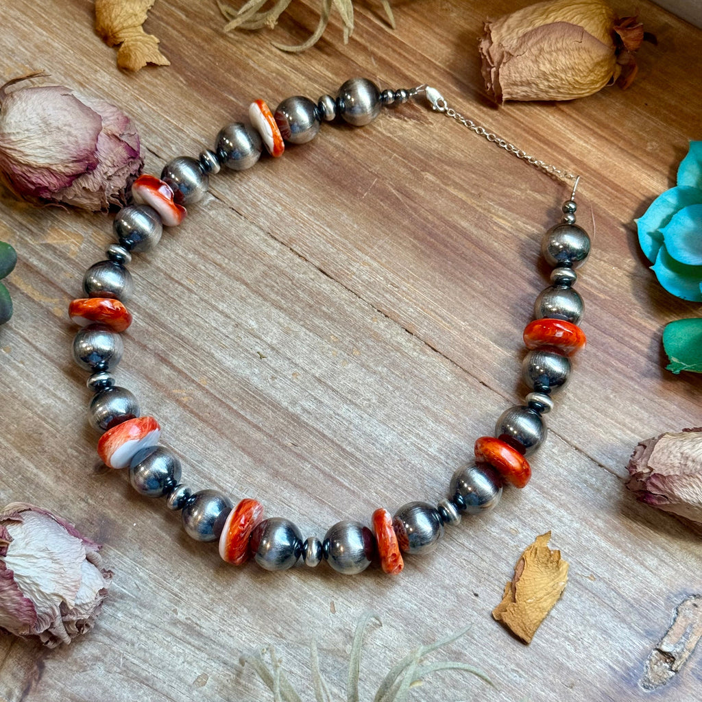 Orange Spiny Oyster & Sterling Silver Pearl Necklace