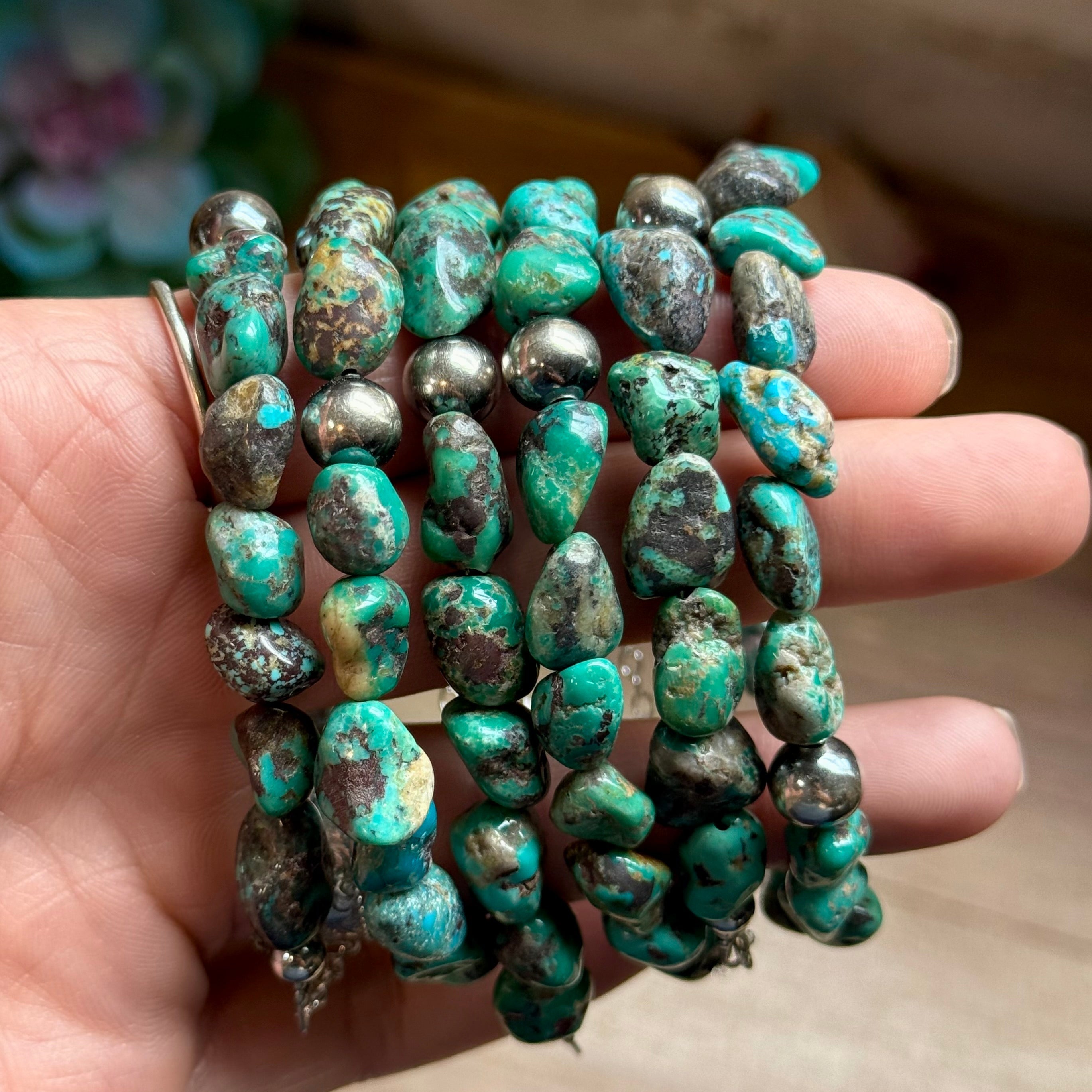 Turquoise Nugget Bracelet with Sterling Silver Pearls – 7” + Extender
