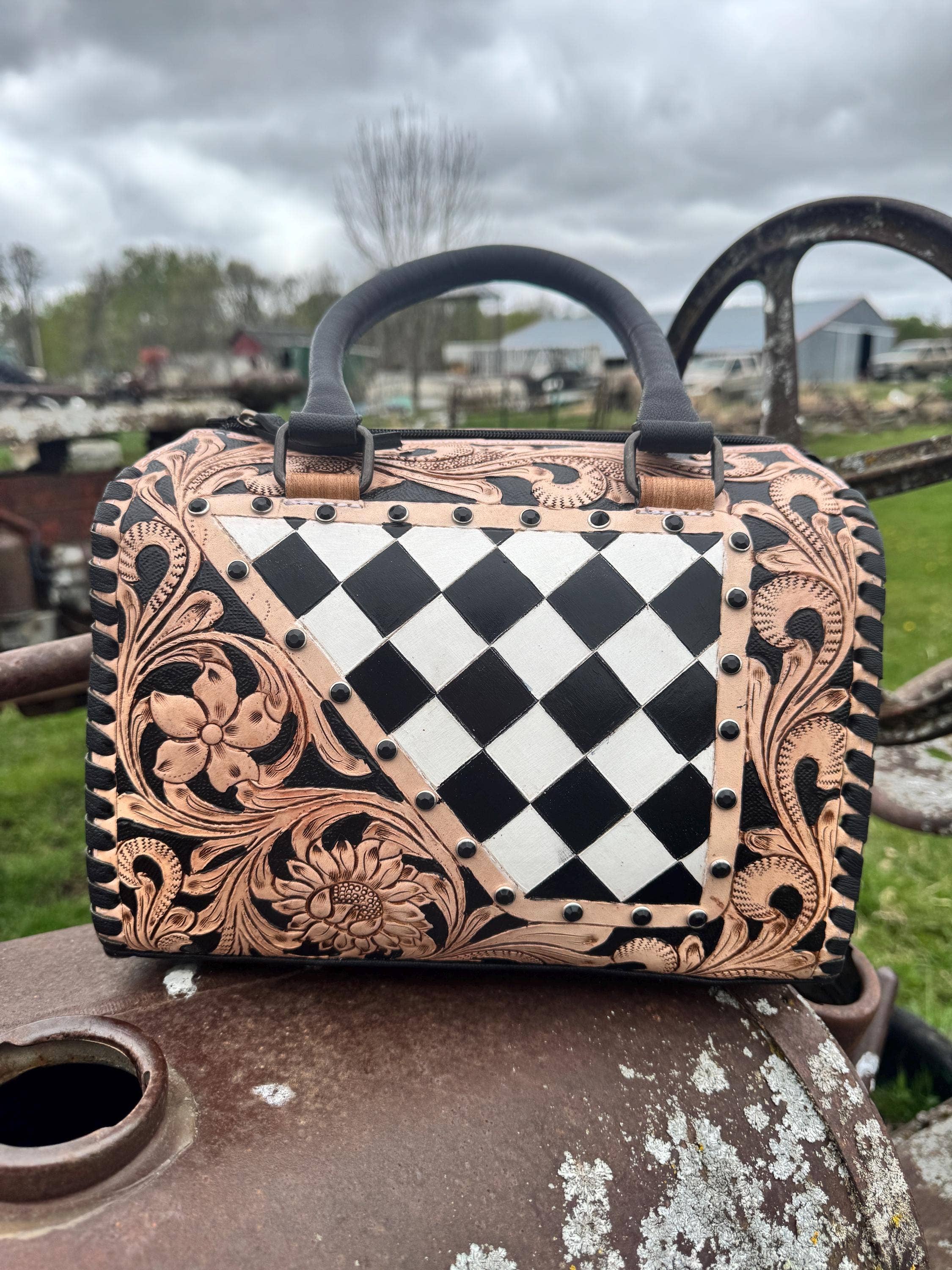 Luxe Tooled Leather Midnight Rhinestone Stud Checkered Speedy Bag