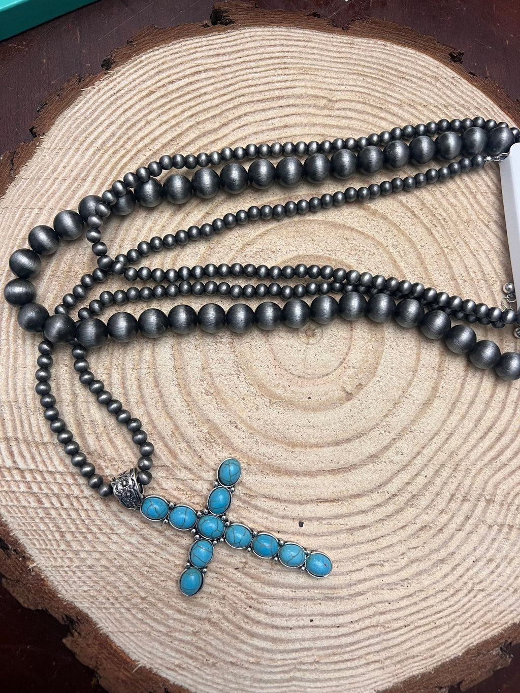 Western Turquoise Cross Three-Layered Necklace — Faux Pearl Trio with 3" Cross Pendant