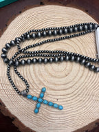 Western Turquoise Cross Three-Layered Necklace — Faux Pearl Trio with 3" Cross Pendant