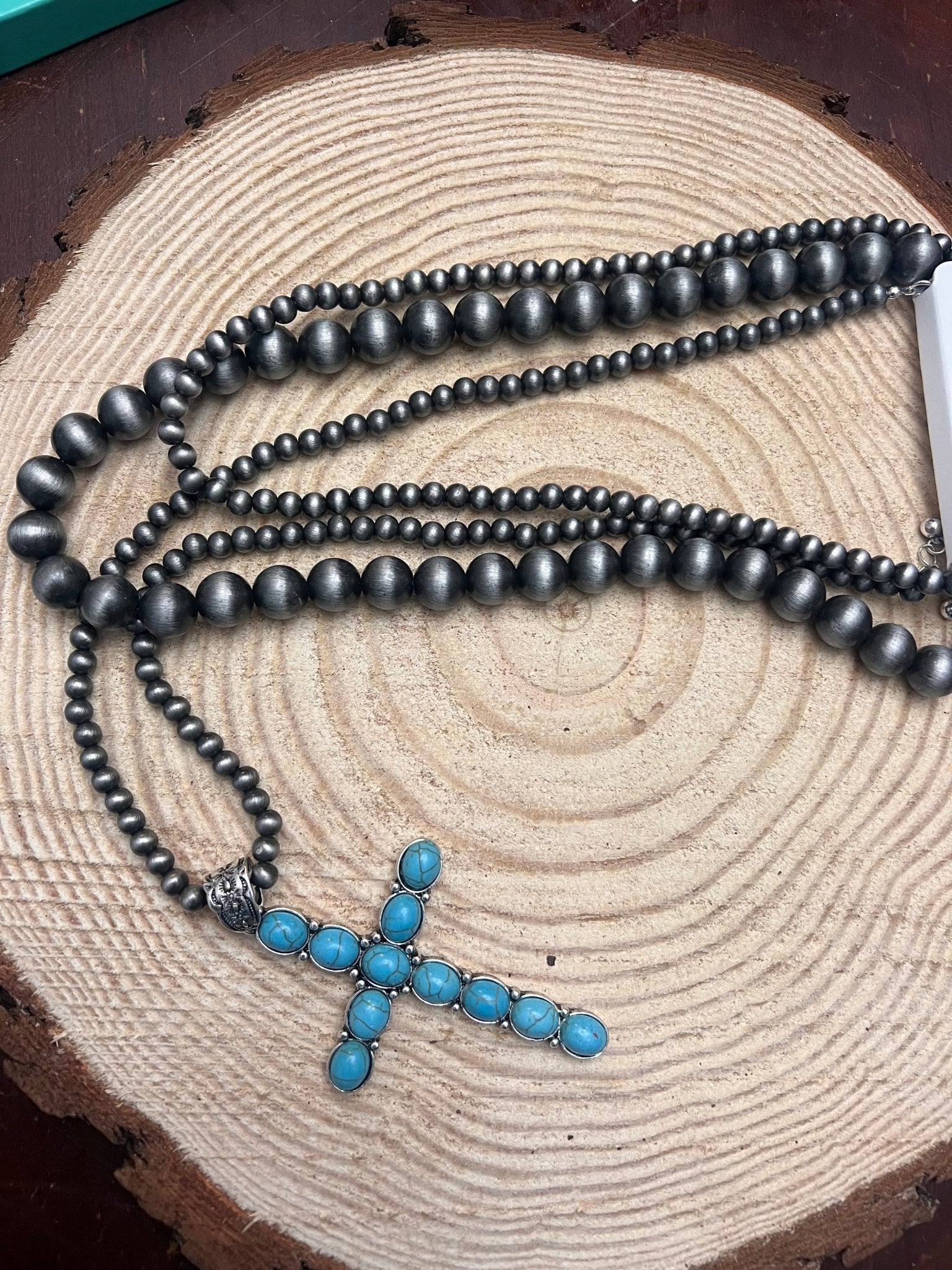 Western Turquoise Cross Three-Layered Necklace — Faux Pearl Trio with 3" Cross Pendant