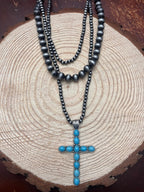 Western Turquoise Cross Three-Layered Necklace — Faux Pearl Trio with 3" Cross Pendant