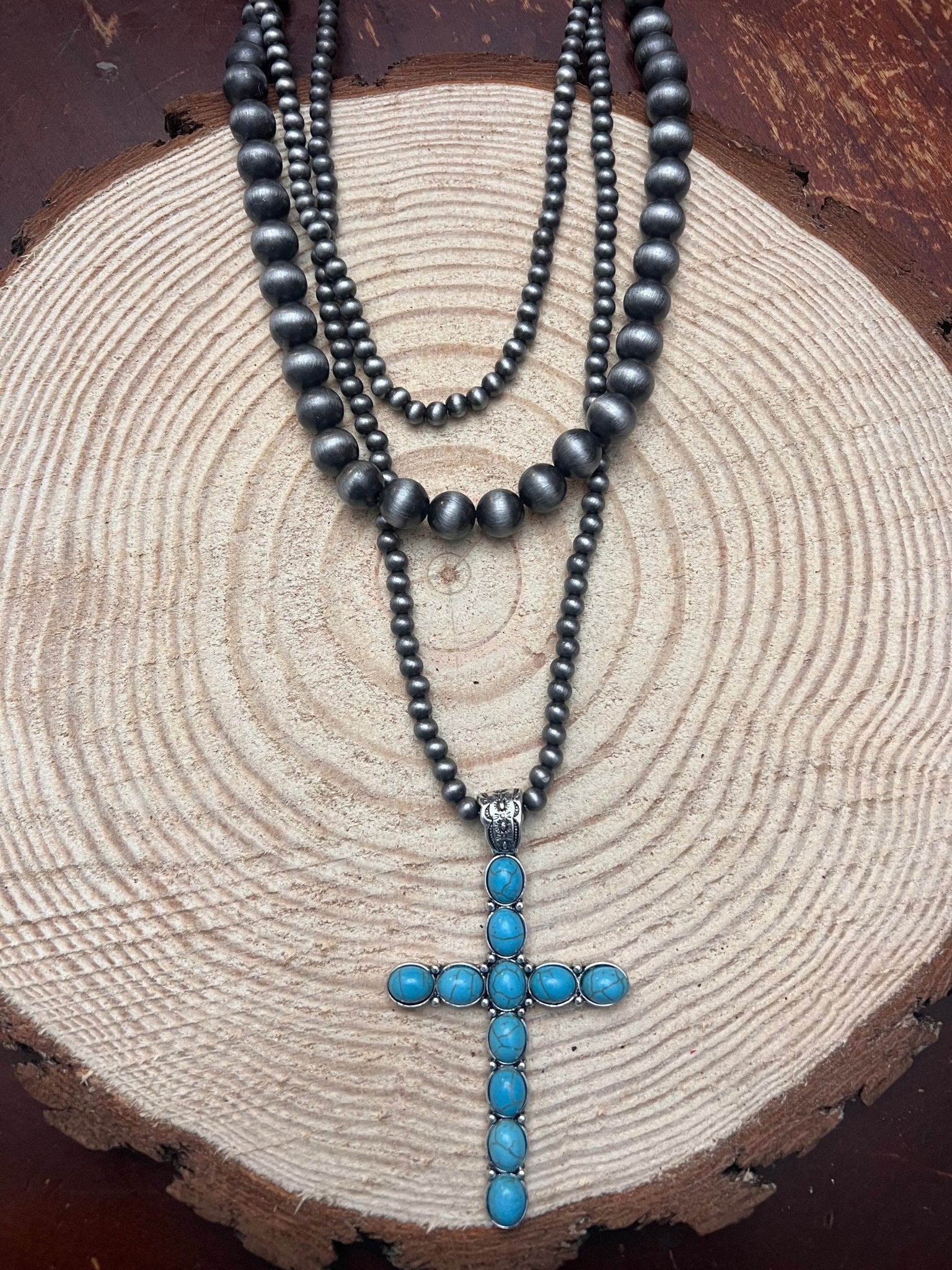 Western Turquoise Cross Three-Layered Necklace — Faux Pearl Trio with 3" Cross Pendant