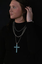 Western Turquoise Cross Three-Layered Necklace — Faux Pearl Trio with 3" Cross Pendant