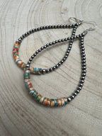 3mm Sterling Pearl Teardrop Earrings with Spiny Oyster & Turquoise — 4 inch drop (Made in USA)