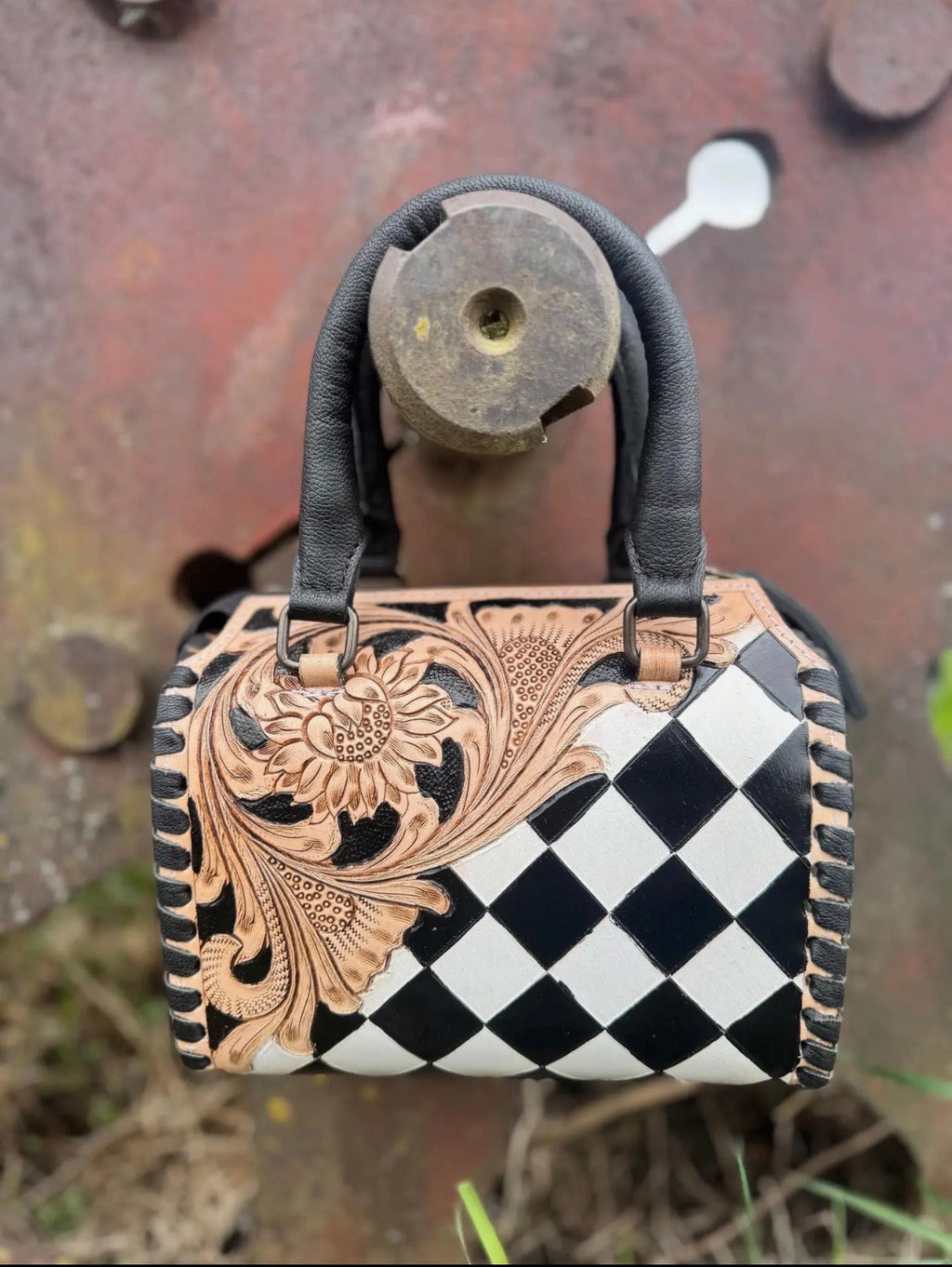 Luxe Tooled Leather Starry Night Rhinestone Stud Checkered Speedy Bag