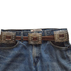 Western Silver Rectangular Concho Distressed Leather Belt — Brown or Black