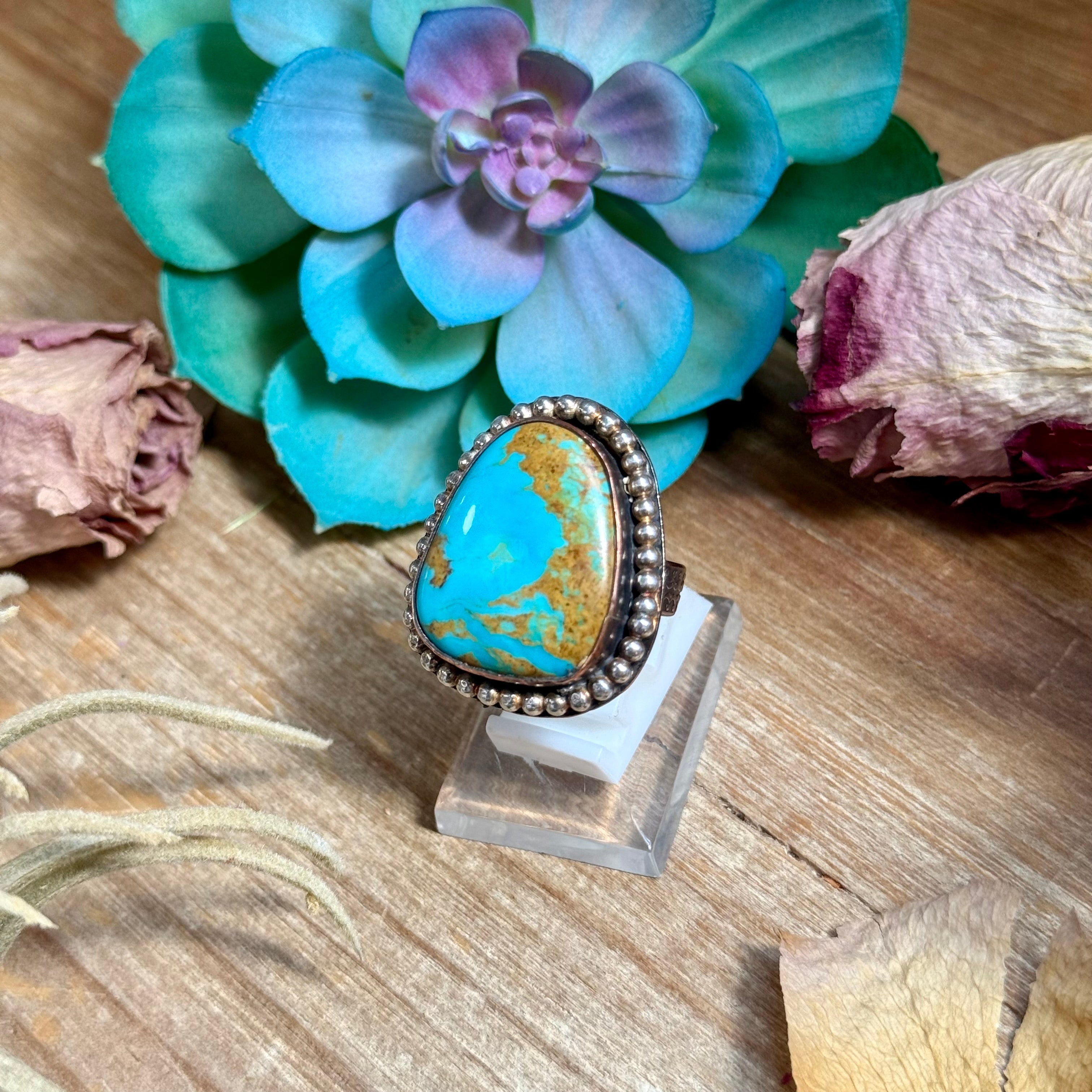 MJ Ring - Copper & Sterling Silver Blue Turquoise Adjustable