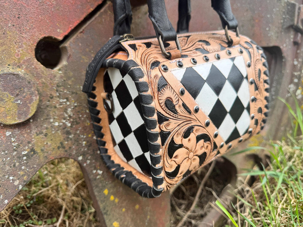 Luxe Tooled Leather Midnight Rhinestone Stud Checkered Speedy Bag