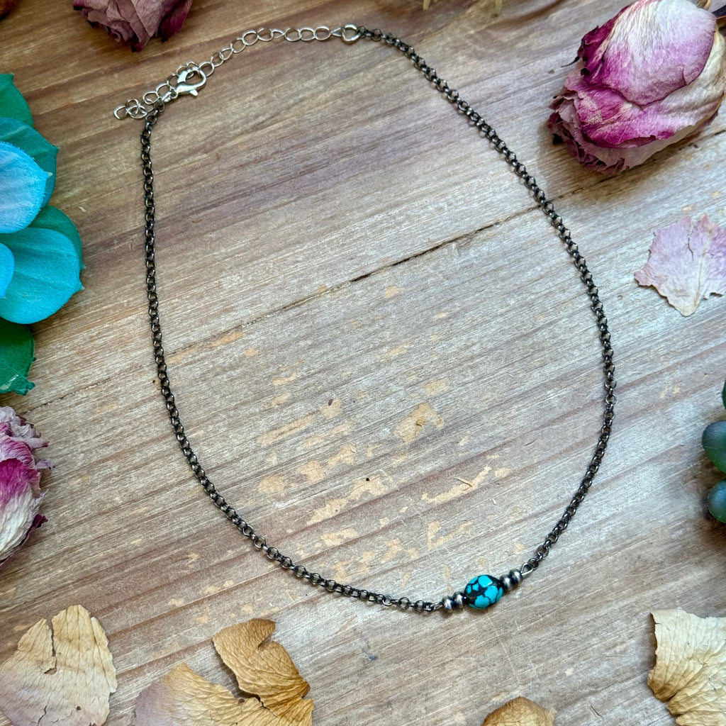 Dark Turquoise Center & Sterling Saucer Pearl Necklace 16”