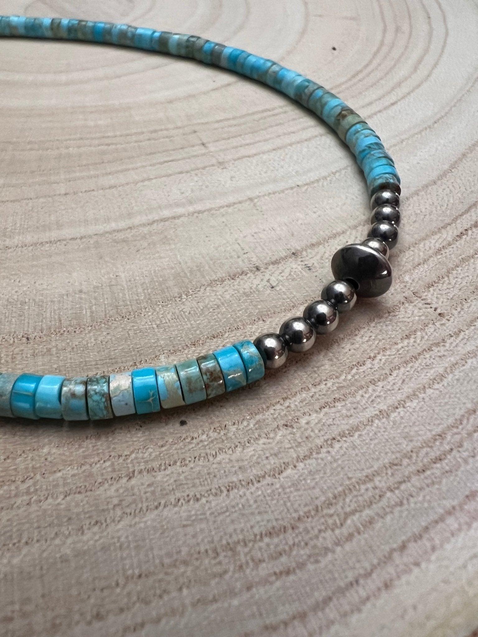 4mm Sterling Pearl & Variscite Turquoise Saucer Bead Choker — 14 inch (with 3 inch extender)