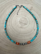 "The Vibrant" Choker — Spiny Oyster, Variscite Turquoise & Sterling Pearl — 14 inch (with 3 inch extender)