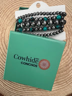 Western Faux Sterling Pearl & Multi-Color Turquoise Stretch Bracelet Set — 5-Piece Stack