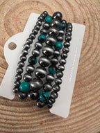 Western Faux Sterling Pearl & Multi-Color Turquoise Stretch Bracelet Set — 5-Piece Stack