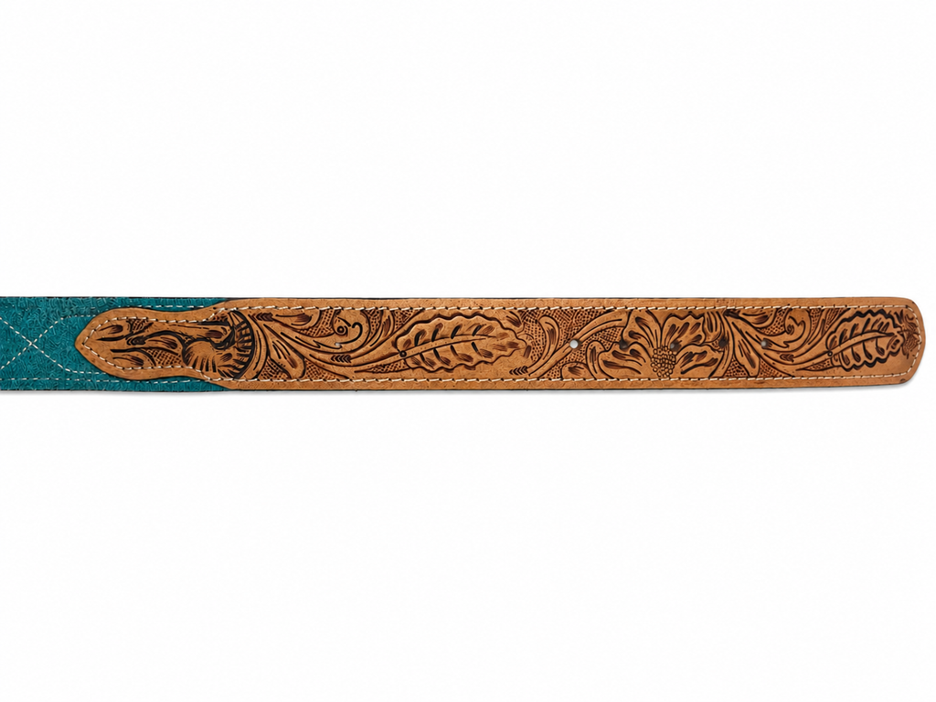 Western Stitch Genuine Suede & Hand Tooled Leather Belt -Turquoise