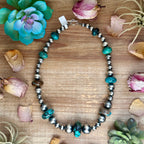 22” Massive Turquoise Rondelle Necklace – Sterling Silver Pearls