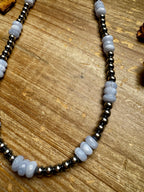 Blue Lace Agate & Sterling Silver Pearl Necklace – 20 ½” Plus Extender