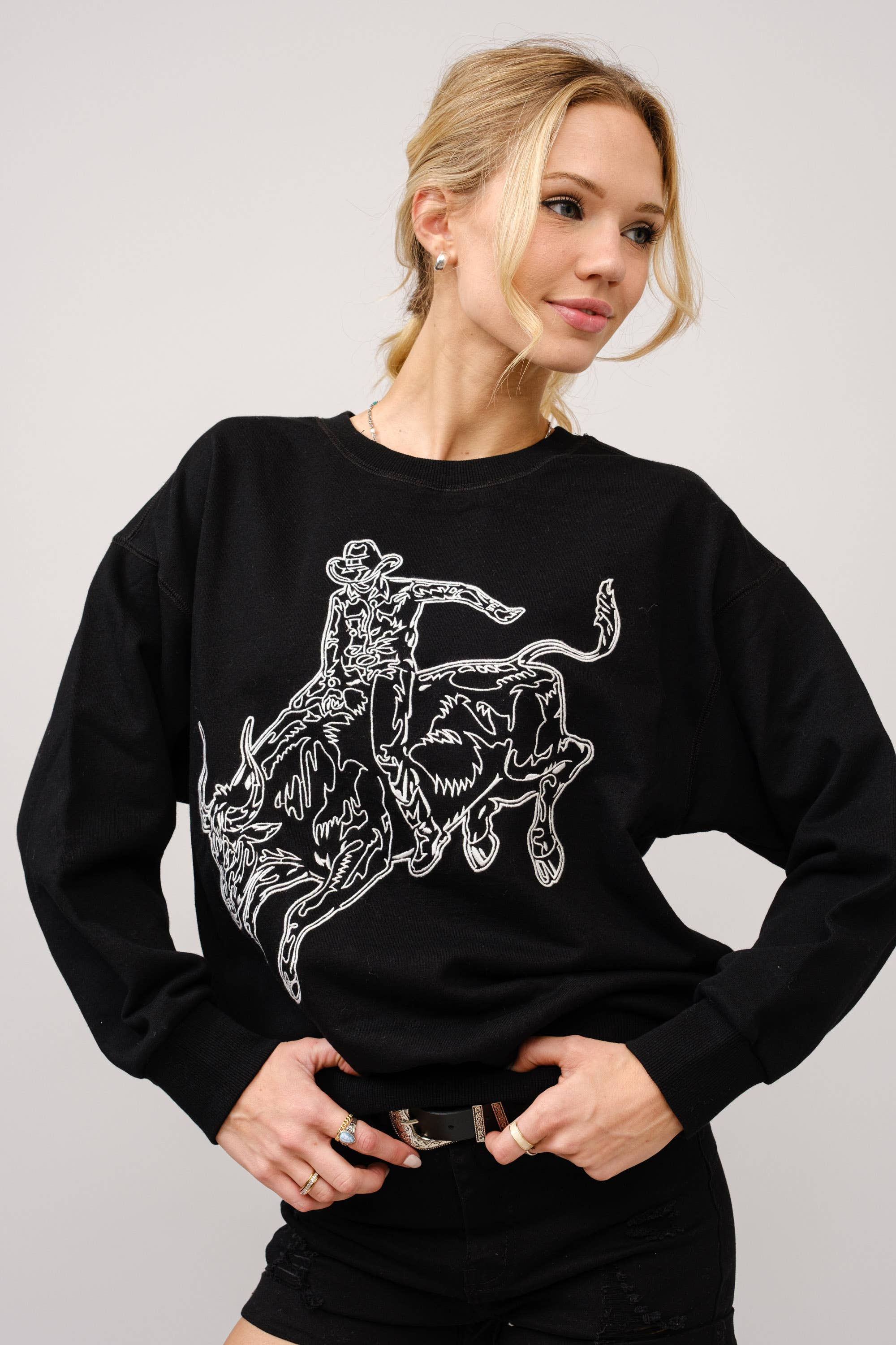 Blue B Western Bull Rider Embroidered Pullover Sweatshirt — 100% Cotton Rodeo Statement