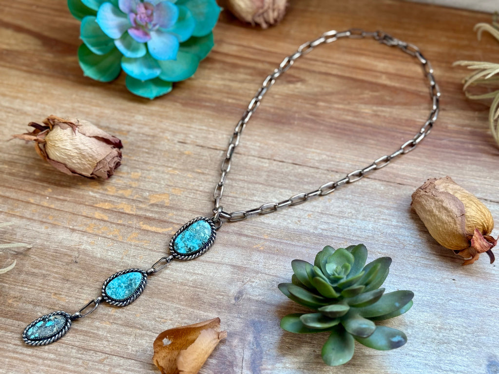 MJ 2 in 1 Three-Stone Turquoise Pendant & Handmade Paperclip Chain