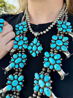 Complete Squash Blossom Set – Kingman Turquoise – Sterling Silver – Navajo Made by Wilson Dawes