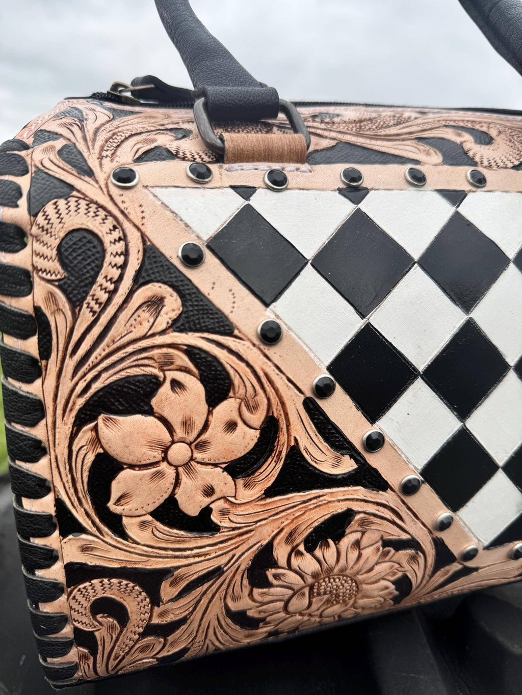 Luxe Tooled Leather Starry Night Rhinestone Stud Checkered Speedy Bag