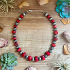 Graduated Dyed Red Coral & Sterling Silver Pearl Necklace