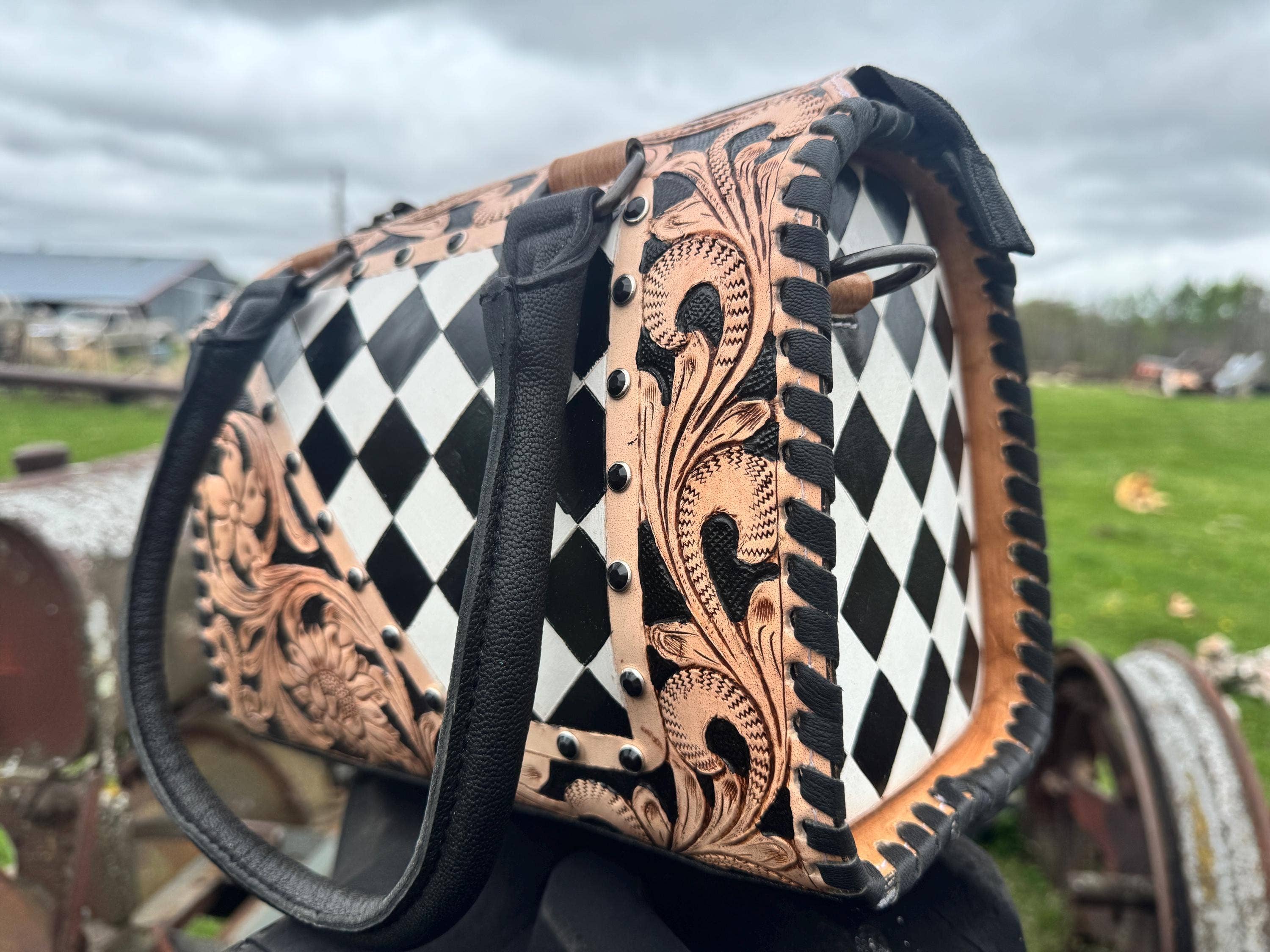 Luxe Tooled Leather Starry Night Rhinestone Stud Checkered Speedy Bag