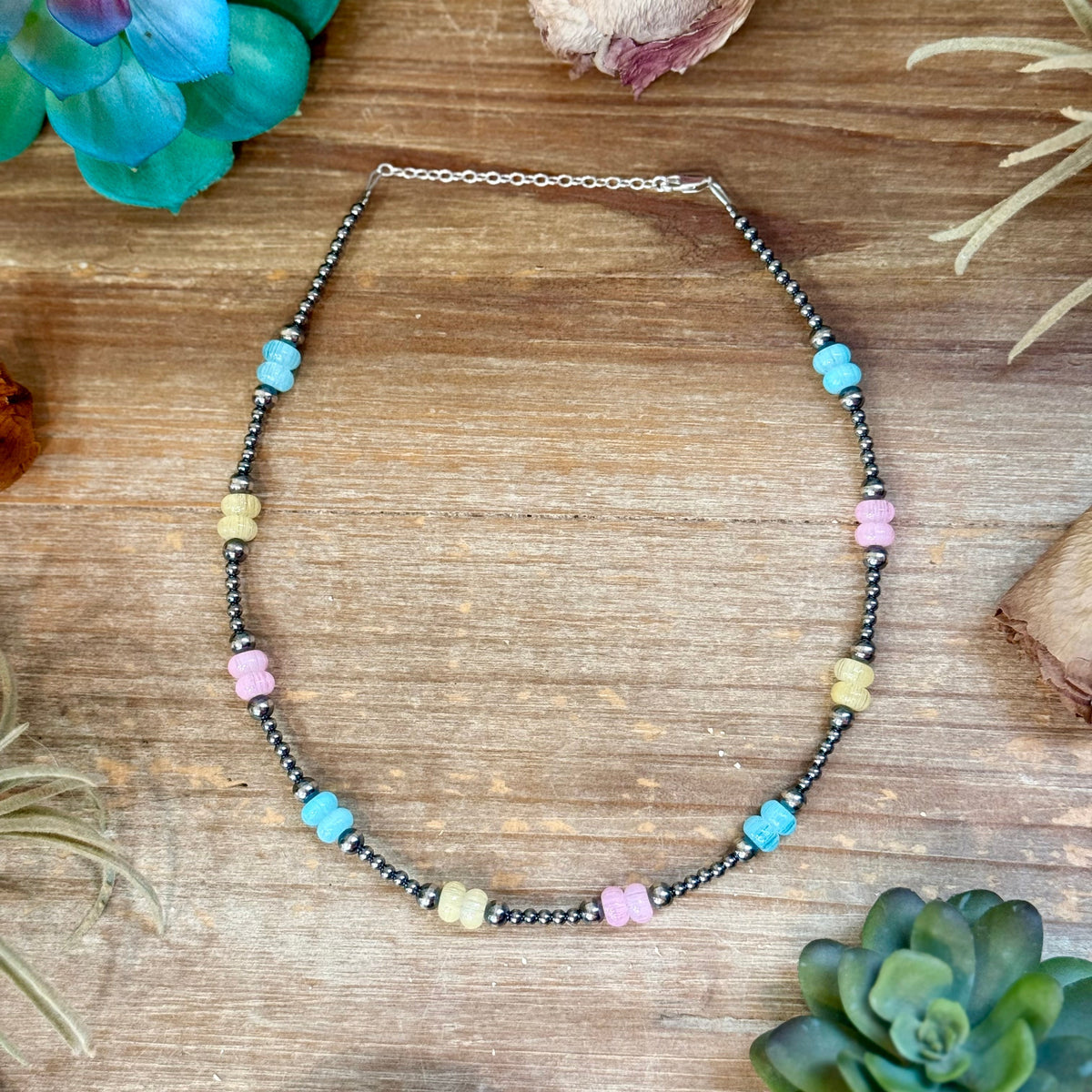 15-Inch Colorful Glass & Sterling Silver Pearl Necklace