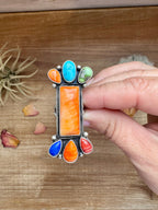 Long Ring- Size 5 - mix stone turquoise, spiny and sterling silver