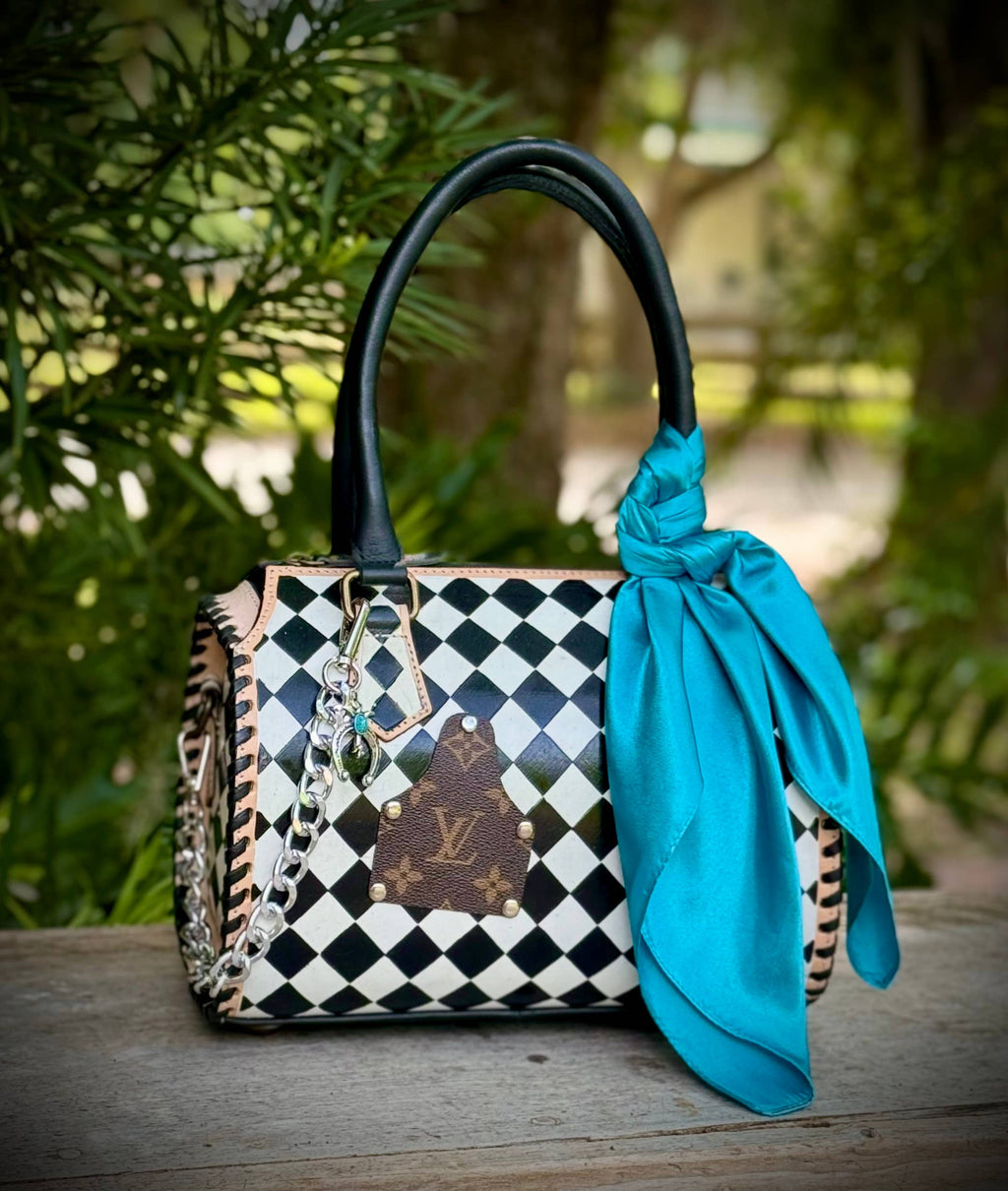 Upcycled LV Black & White Checkered Leather Speedy Bag