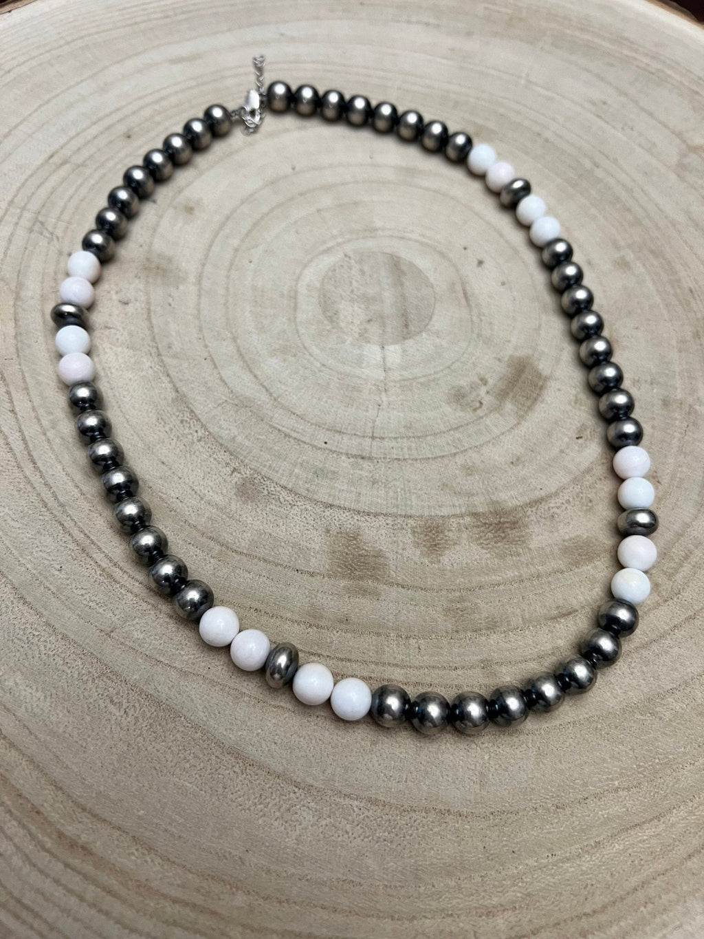 8mm Sterling Pearl, Saucer & Pink Conch Necklace — 19 inch