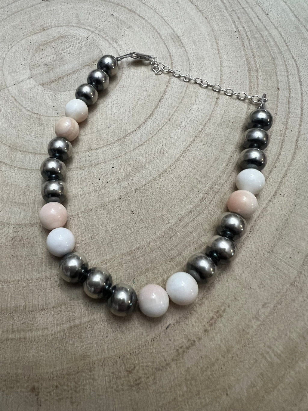 8mm Sterling Pearl Bracelet with Pink Conch — 6 inch