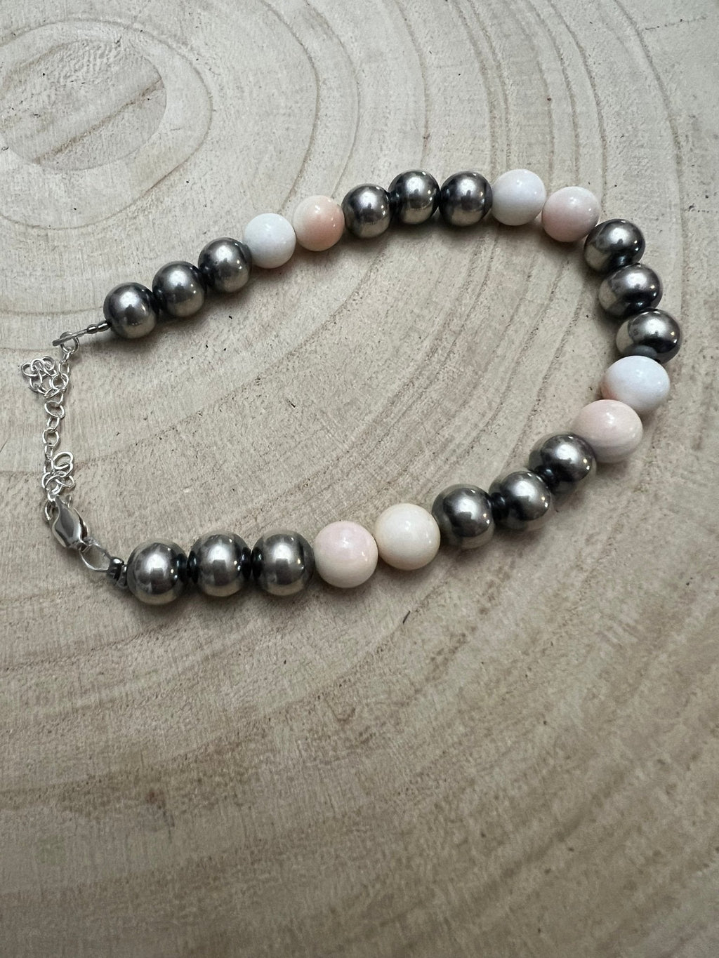 8mm Sterling Pearl Bracelet with Pink Conch — 6 inch
