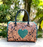 Tooled Leather Turquoise Black Checkered Heart Speedy Bag + Coin Purse