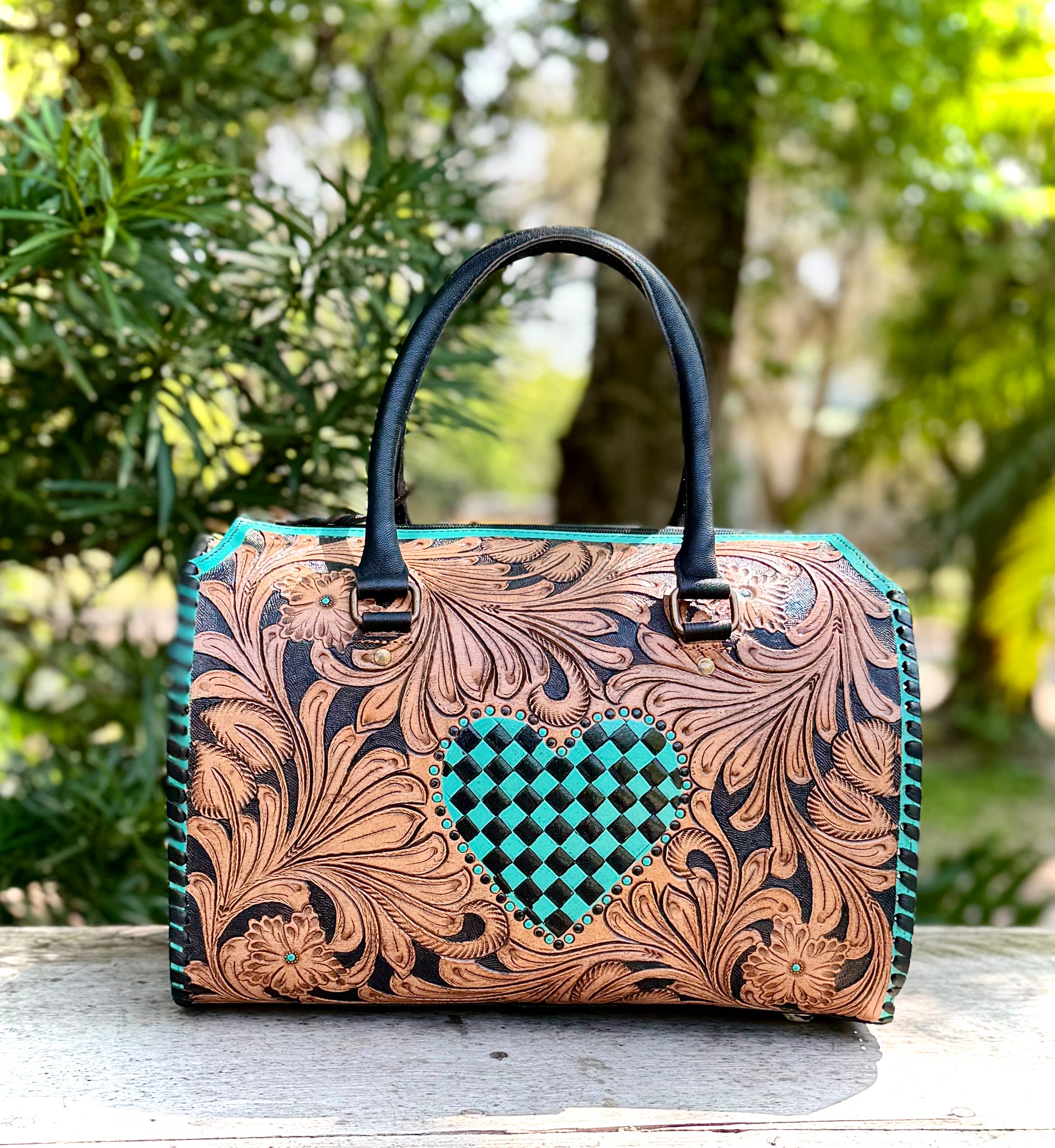 Tooled Leather Turquoise Black Checkered Heart Speedy Bag + Coin Purse